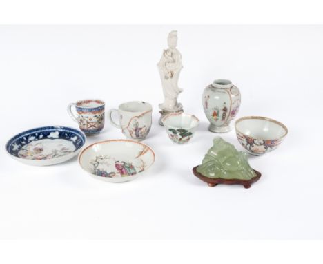 A small group of Chinese pieces 18th/19th Century including a famille rose tea caddy, blanc de chine Guanyin and a hardstone 