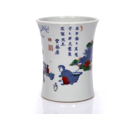 A Chinese Wucai brush pot 19th Century of waisted form with garden scene with poem and two red seal marks, 12.75cm high, 10.2