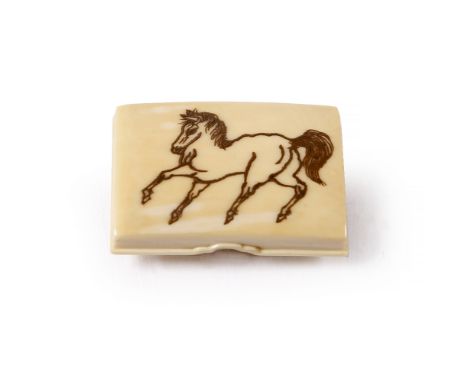 A Japanese ivory hako netsuke Meiji period (late 19th Century) with a horse in gold hiramakie, 3.3cm across