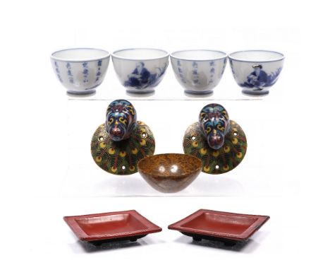 A group of Chinese pieces to include a set of four Chinese blue and white porcelain tea bowls, 19th Century, a pair of Chines