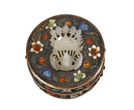 A Chinese circular gilt metal box 19th Century decorated in relief with enamelled and glass sprays of flowers on a fine net g