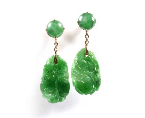 A pair of Chinese jade earrings  cabochon cut, mottled green gem stones Tested at the gem and pearl laboratory 24th February 