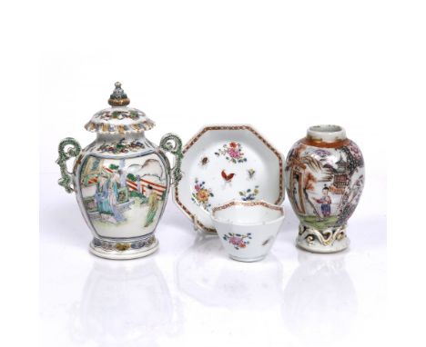 A Chinese famille rose octagonal wine cup and saucer Qianlong (1736-1795) a Chinese export tea caddy 11cm and a Chinese famil