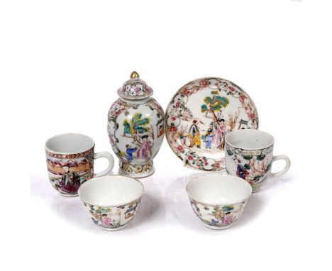 A collection of Chinese Mandarin pattern pieces Qianlong to include a tea caddy 12cm, two tea bowls, a saucer and two tea cup