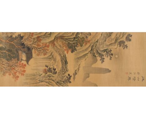 Three Chinese scroll studies after 17th Century originals to include landscape scenes, approximately 110cm x 30cm