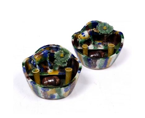 A pair of Chinese stoneware Wucai style incense burners 19th Century decorated with five enamel colours and modelled as irreg