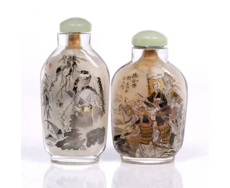 Two Chinese interior painted snuff bottles 1850-1900 of rectangular rounded form with jade stoppers, the paintings on a frost