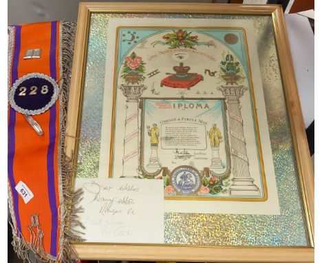 Protestant Orange Order&nbsp;Lodge Certificate with Lodge 228 sash and small pen knife.