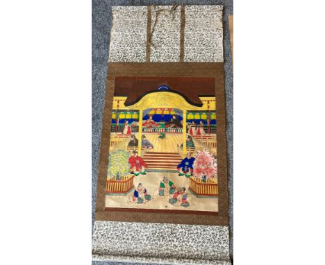 Japanese scroll block print on paper depicting various seated figures in a shrine/ temple. Signed. [125x58cm] 