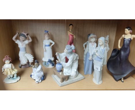 A shelf of lady figures to include Nao and Lladro 