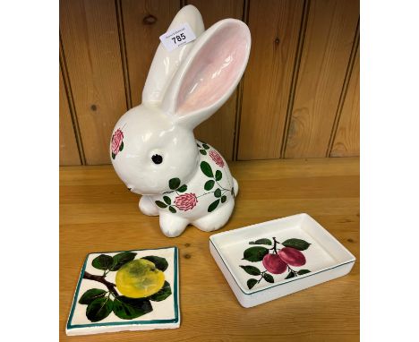 A Large Plichta Wemyss rabbit [clover patter] together with a Griselda Hill Pottery Tile [Apple] and a Wemyss Plichta plum re