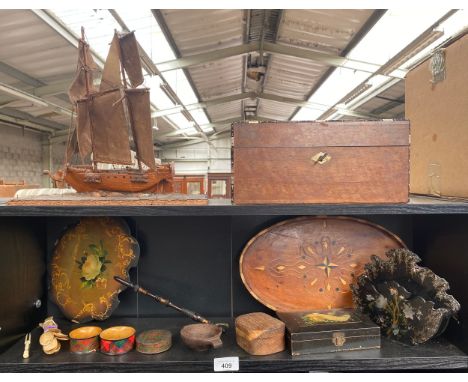 A Shelf of Interesting items to include Mauchline Tartan ware , antique small tray, document box and model small ship 