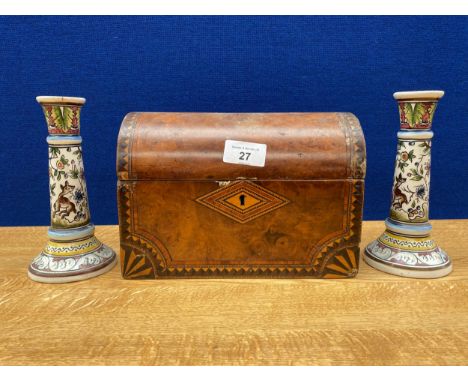A Victorian Tea caddy box along with A pair of tin glazed Portuguese candle sticks 