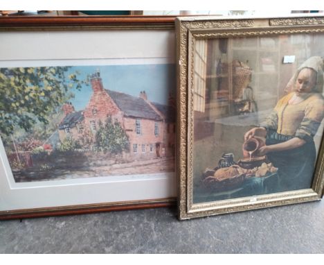 A Watercolour country lane by Howard Butterworth along with The milk maid  print after Johannes Verneer 