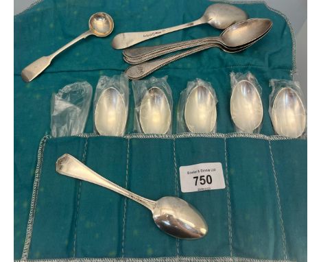 Birks Georgian style Sterling silver tea spoons. Four Victorian Edinburgh silver tea spoons and Victorian Exeter mustard ladl