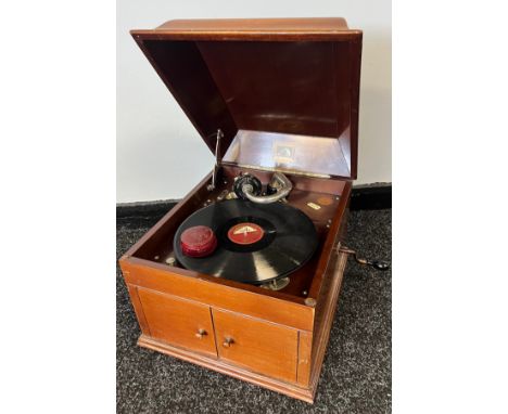 Antique His Masters Voice Model 109 gramophone, cleaning pad, tin of needles and His Masters Voice NO.4 stylist. In a working