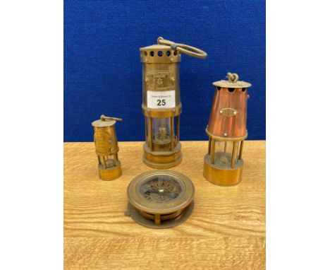 Antique brass compass along with a selection of small Brass miners lamps includes E Thomas &amp; Williams ltd Cambrian 