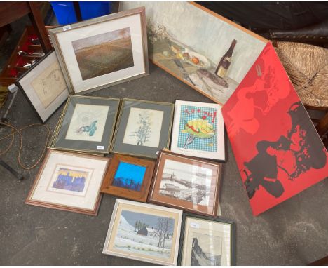 A Lot of mixed art works to include oil painting depicting fruit scene &amp; Edinburgh castle print 