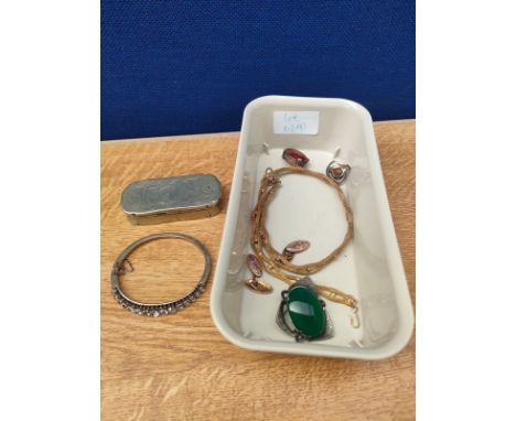 Collectable odds/ jewellery; Silver and CZ Stone bangle, E.P Snuff box, Gilt metal necklace, cufflinks, two brooches and a ri