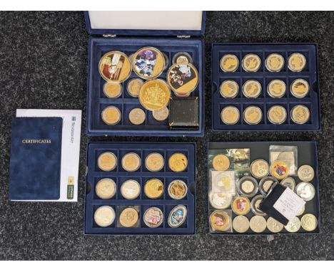 Four coin boxes full of mixed royalty and military coins; Westminster British Army Official Commemorative coin set with certi