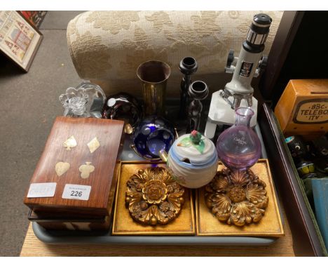 A Tray of collectables includes Prinz microscope, Caithness vase and Trench art vase 