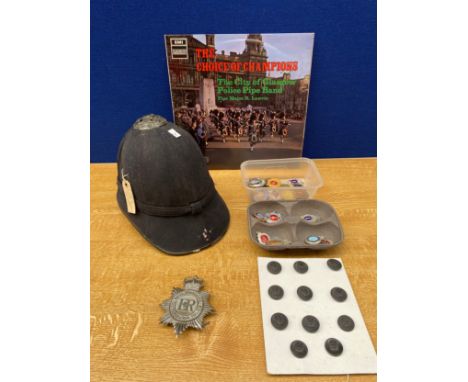 Vintage 6 panel cork police helmet, police badges and The choice of champions police band record 