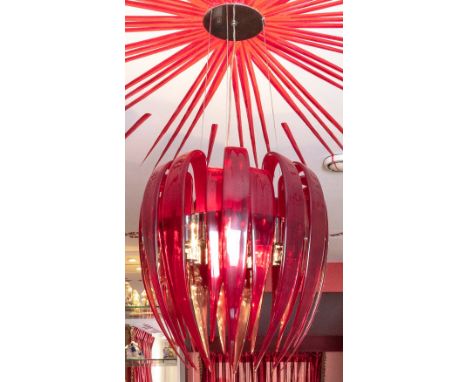 Pendant lamp made of red glass leaves, with metal structure. 'Dracena' model, produced by Leucos, designed by Diego Chilò.H. 
