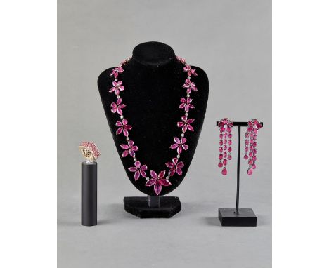 Silver necklace, earrings and ring set with rubies (weighing approximately 75, 27 and 12 g) and diamonds (weighing approximat