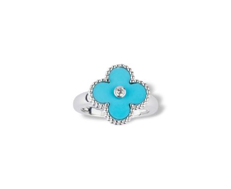 Vintage Alhambra' ring in 18k white gold, set with tuquoise and a diamondsigned 'VCA'Numbered 'JE321102'Ring size : 54Gross w