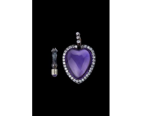19th century gold and silver pendant with heart-shaped amethyst set with 37 diamonds. Accompanied by a diamond tool. Pendant 