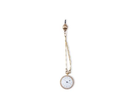 19th century pocket watch in 18k gold and enamel, representing two ladies, set with fine demi-pearls with its chrysoprase key