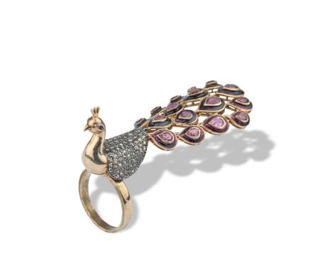 Silver peacock ring set with diamonds and tourmalines.Ring size: 55L. 6 cmGross weight : 13 g