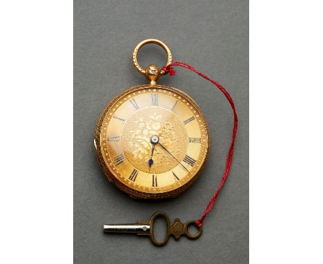 18k Gold pocket watch with enamel and rich floral ornament on dial.English hallmarksD. 4 cmL. 6 cmTotal weight : 52 g