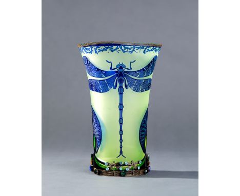 signed ‘JB STEINSCHÖNAU’ (on the underside)glass, enamel, metal, stonesH. 27 cm, D. (top) 17.5 cmmetal plaque 'Made in Czecho