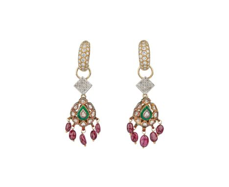 Pair of 18k earrings, composed of three elements set with diamonds weighing approximately 3 ct and rubies weighing approximat
