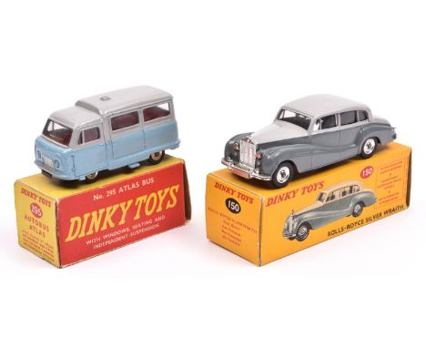 2 Dinky Toys. Rolls Royce Silver Wraith (150). In two tone grey. Plus an Atlas Bus (295). In light grey and light blue with r