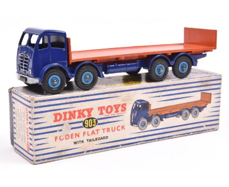 Dinky Supertoys Foden FG Flat Truck with Tailboard (903). Example with dark blue cab and chassis, light blue wheels and orang