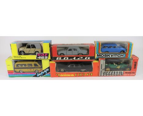 6 Russian Produced 1:43 scale Vehicles. A RAF Minibus - Police - with blue light to roof. A UAZ 469 4x4 cross-country vehicle