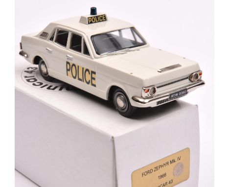 A Pathfinder Minicar 43 white metal 1966 Ford Zephyr Mk 1V saloon. An example in white Police livery with 'Police' to front d