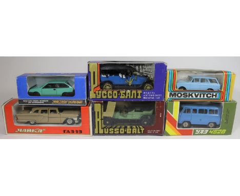 6 Russian produced 1:43 scale vehicles. A ZIL style Limousine. A civilian 452B Minibus. A Moskvitch 4-door Station Wagon. A L