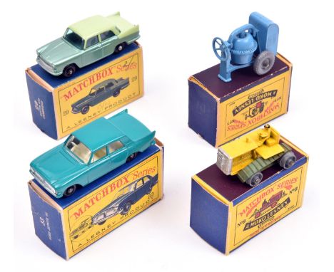 4 Matchbox Series. No.3 Cement Mixer, in light blue with grey plastic wheels. No.8 Caterpillar Tractor, yellow example with u