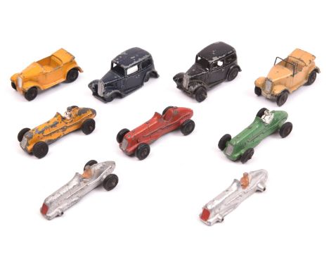 8 Dinky 35 Series Cars. 2x Saloon Car (35a); in grey and red, both with white rubber wheels. 2x Austin Seven Car Open Tourer 