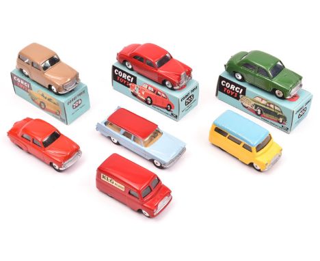 7 nicely restored Corgi Toys. 2x Bedford CA - 10CWT Van, in red K.L.G. Plugs livery and a Dormobile in yellow with light blue