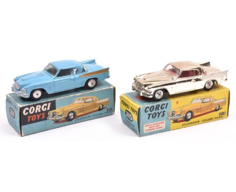 2 Corgi Toys Studebaker 'Golden Hawk' (211/211S). Early example in light blue, with gold flash, no interior and no suspension