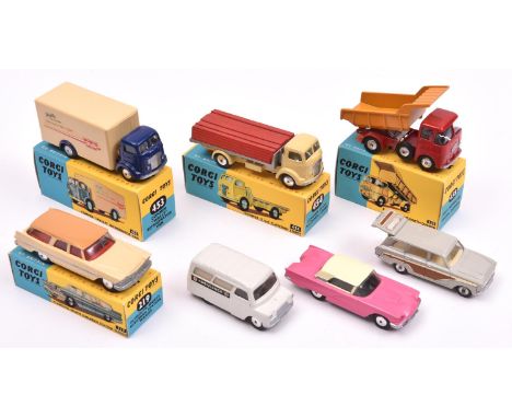 7 nicely restored Corgi Toys. 2x Commer trucks- A Wall's Refrigerator Van in cream and dark blue and a 5-Ton Flat Bed Lorry, 