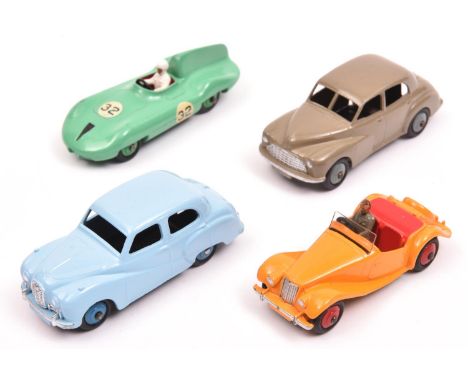 4 Dinky Toys Cars. M.G. Midget (102). An example in orange with red interior and red wheels. Plus a Connaught Racing Car (236