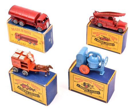 4x Matchbox Series. Cement Mixer (3a). Horse Drawn Milk Float (7a). Dennis Fire Escape (9a). ERF Road Tanker (11a) with large