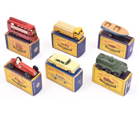 6x Matchbox Series. Vauxhall Victor (45a). Meteor Sports Boat and Trailer (48a). Albion Chieftain 'Portland Cement' (51a). 19