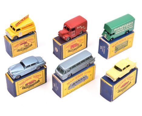 6x Matchbox Series. Leyland Tiger Coach (40b). Evening News Van (42a). Rolls Royce Silver Cloud (44a). Vauxhall Victor (45a) 