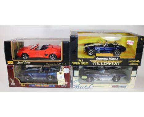 4 1:18 scale cars. UT Models Chevrolet Corvette Mako Shark in dark blue/shadow white. Road Legends 1964 Shelby Cobra 427 S/C.